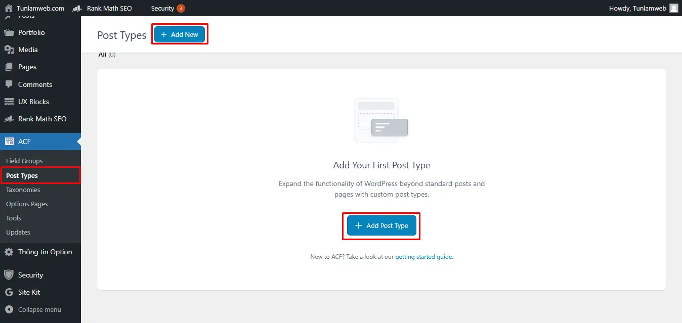 Vào ACF > Post Types > Add New Vào ACF > Post Types > Add New