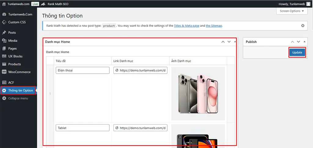 Thêm danh mục trong Option Page Thêm danh mục trong Option Page
