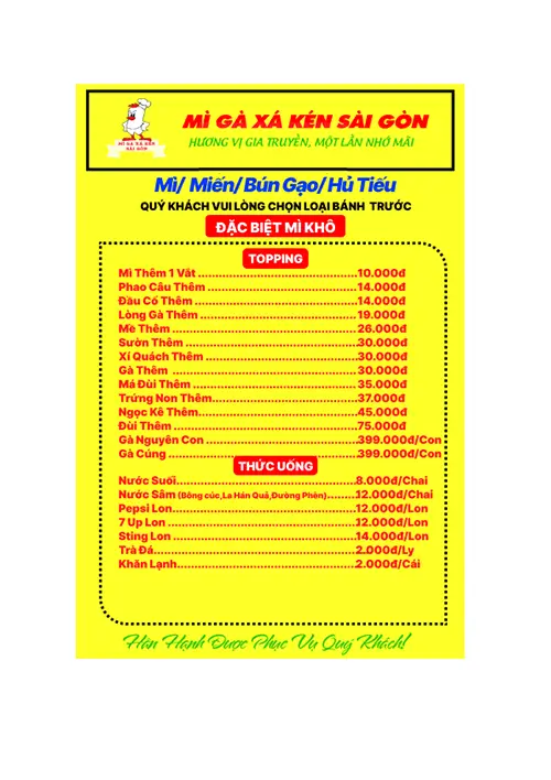 Menu - Mì gà xá kén Sài gòn Menu - Mì gà xá kén Sài gòn