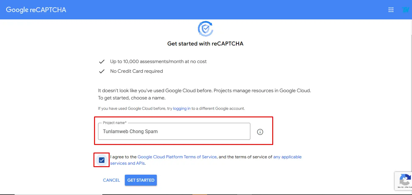 Truy cập trang Google reCAPTCHA Tạo Project